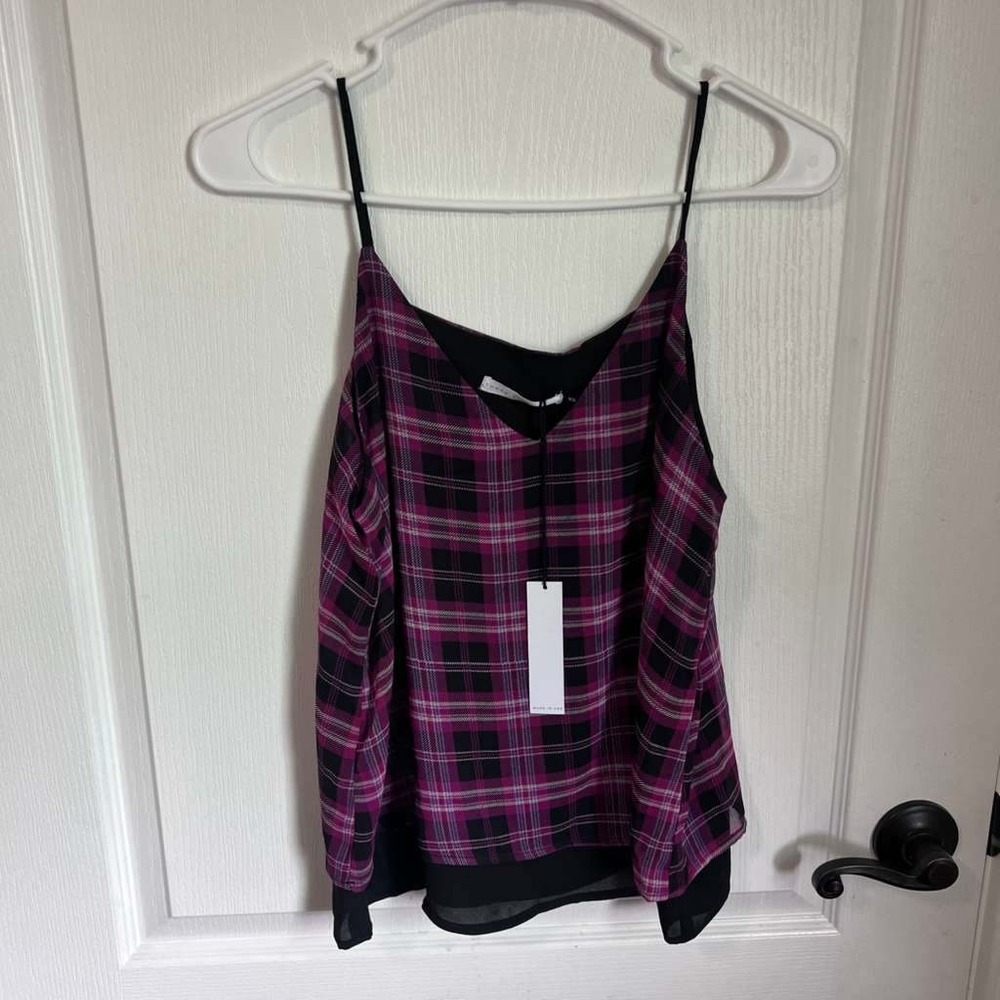 Three Eighty Two Womens XS Purple Black Plaid Layered V-Neck Camisole Tank Top